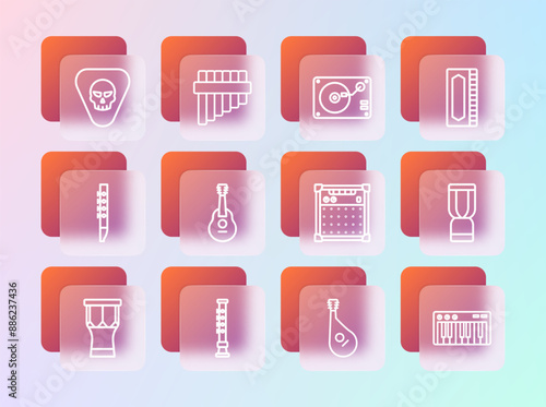 Set line Harmonica, Flute, Guitar amplifier, Bandura, Vinyl player with vinyl disk, pick and Pan flute icon. Vector