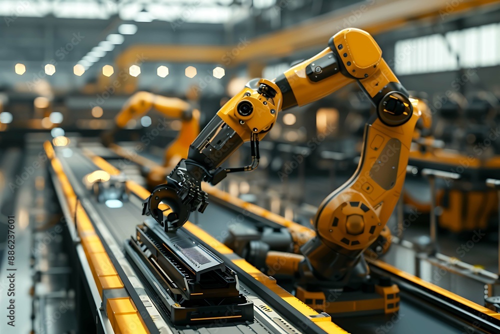 The image should depict a robotic arm evenly applying paint to products on a production line, highlighting reduced material costs and improved coating quality. The background features a modern factory The image should depict a robotic arm evenly applying paint to products on a production line, highlighting reduced material costs and improved coating quality. The background features a modern factory