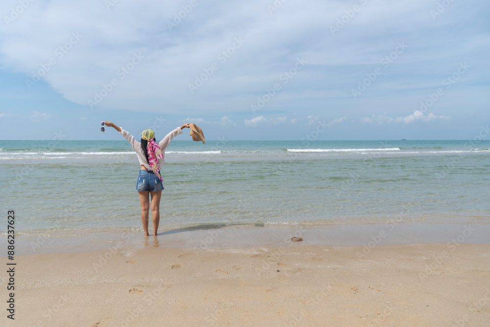 Lifestyle woman and relax chill on beach background. Travel summer vacations, copy space for banner.Summer vacations Lifestyle woman and relax chill on beach background. Travel summer vacations, copy space for banner.Summer vacations