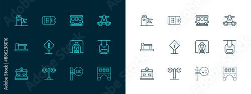 Set line Handcar transportation, Train traffic light, railway tunnel, Toilet, Exclamation mark square, Passenger train cars, Turnstile and ticket icon. Vector