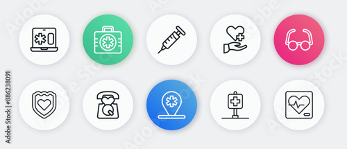 Set line Location hospital, Glasses, Immune system, Heart with cross, Syringe, rate and Emergency call 911 icon. Vector