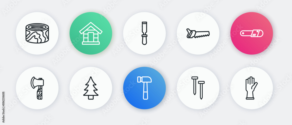 Set line Hammer, Chainsaw, Wooden axe, Metallic nails, Hand, Chisel tool, Protective gloves and Tree icon. Vector Set line Hammer, Chainsaw, Wooden axe, Metallic nails, Hand, Chisel tool, Protective gloves and Tree icon. Vector