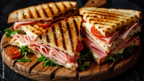 Grilled pressed ham and cheese sandwich with tomato and lettuce on wooden platter photo