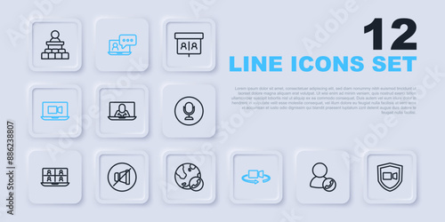 Set line Video chat conference, 360 degree view, Mute microphone, and icon. Vector