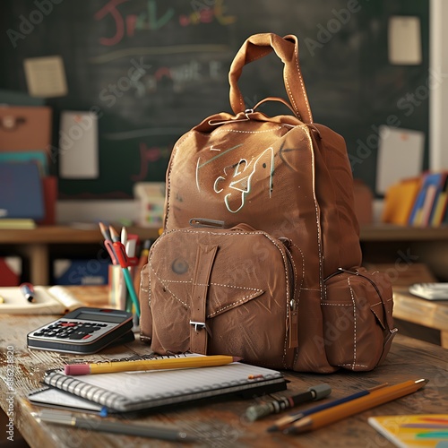 A back-to-school backpack on a classroom desk, displaying vious school supplies like notebooks, pens, and a calculator, with a chalkbod in the background. The image is cle and detailed. photo