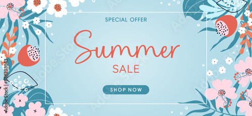 Summer sale banner. Seasonal background with tropical plants and flowers. Discount special offer. Flat design hand drawn vector illustration.
