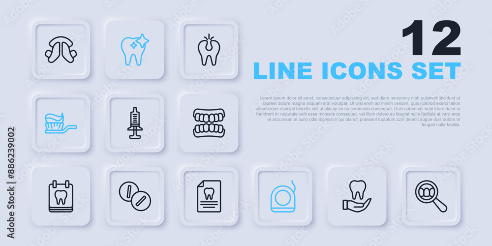 Set line Tooth, Dental search, Syringe, floss, Toothbrush with toothpaste, Toothache painkiller tablet, whitening and Clipboard dental card icon. Vector Set line Tooth, Dental search, Syringe, floss, Toothbrush with toothpaste, Toothache painkiller tablet, whitening and Clipboard dental card icon. Vector