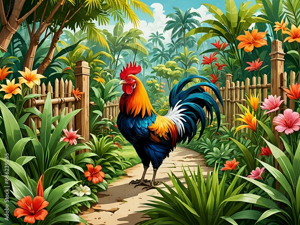 custom made wallpaper toronto digitalA colorful rooster stands proudly on a path in a lush tropical garden.