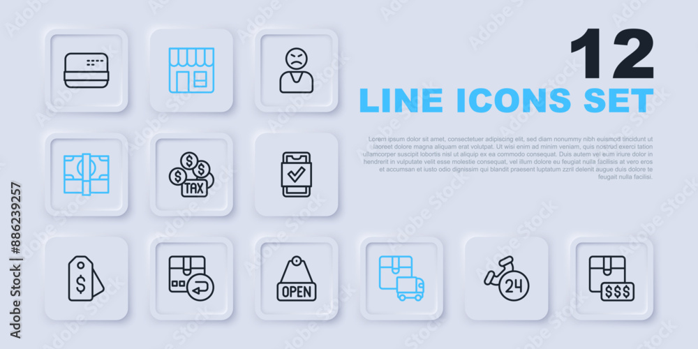 Set line Telephone 24 hours support, Item price tag with dollar, Tax payment, Delivery cargo truck, Stacks paper money cash, Return cardboard box, Market store and Hanging sign text Open icon. Vector Set line Telephone 24 hours support, Item price tag with dollar, Tax payment, Delivery cargo truck, Stacks paper money cash, Return cardboard box, Market store and Hanging sign text Open icon. Vector