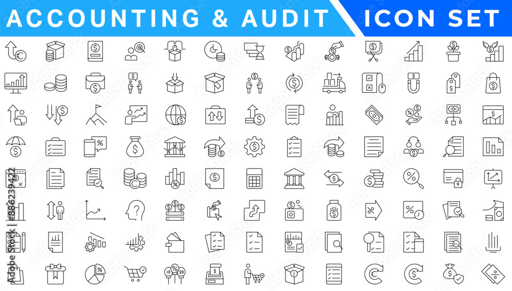 Accounting and audit icon set. Taxes and accounting line icons collection. Check and audit line icons collection. Containing financial statement, accountant, financial audit. Vector illustration Accounting and audit icon set. Taxes and accounting line icons collection. Check and audit line icons collection. Containing financial statement, accountant, financial audit. Vector illustration