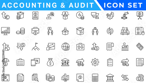 Accounting and audit icon set. Taxes and accounting line icons collection. Check and audit line icons collection. Containing financial statement, accountant, financial audit. Vector illustration
