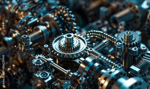 A detailed close-up view of a machine with numerous metal parts. This image can be used to showcase industrial machinery or to illustrate the complexity of mechanical systems