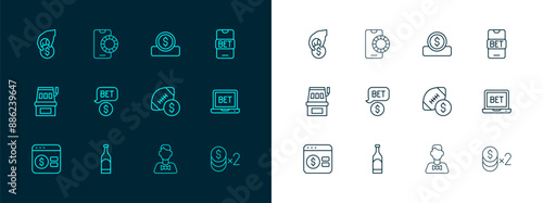 Set line Online sports betting, Bottle of wine, American football money, Casino dealer, chip with dollar, Coin, Hand holding casino chips and icon. Vector