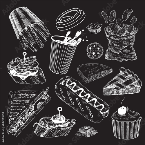 Set of fast food. Drawn on chalkboard sketch style french fries, hot dog, glass of coffee, ice cream, sandwich, bag of chips, khachapuri, apple pie. Hand drawn collection of street food