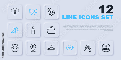 Set line Glass of champagne, 8 March, Lipstick, Smiling lips, speech bubble, Gift bow and Hanger wardrobe icon. Vector