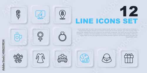 Set line Handbag, Gift box heart, Female gender symbol, International Women Day, Coffee cup, Woman dress, shoe and Bedroom icon. Vector