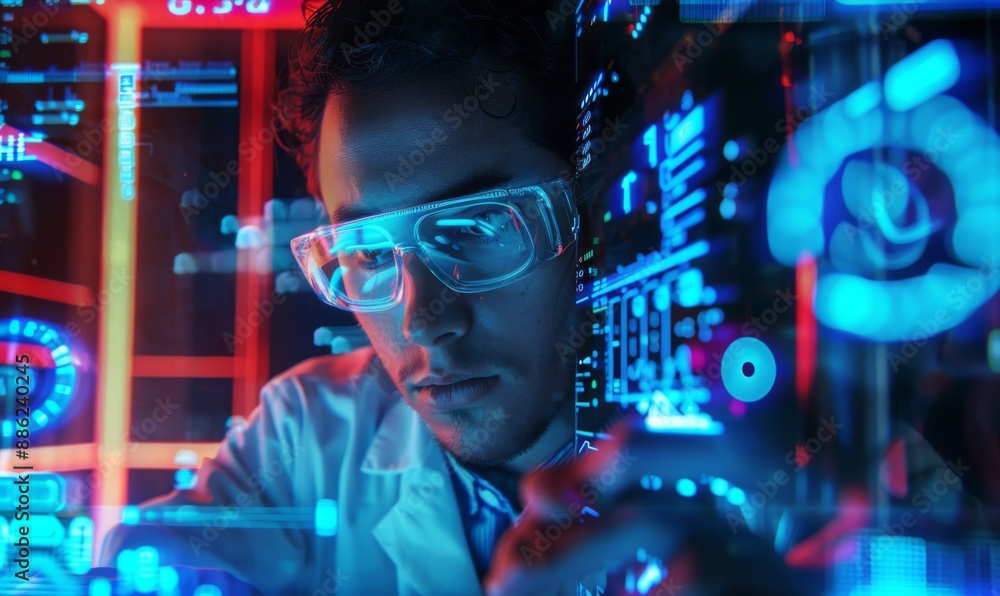 A close-up, realistic portrait of a scientist in a high-tech lab, surrounded by holographic data screens, working on a new form of sustainable energy A close-up, realistic portrait of a scientist in a high-tech lab, surrounded by holographic data screens, working on a new form of sustainable energy
