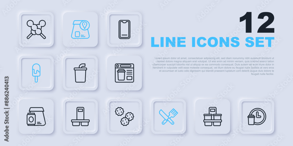 Set line Coffee cup to go, Round the clock delivery, Paper glass with water, Crossed knife and fork, Ice cream, Online ordering food and Cookie biscuit icon. Vector Set line Coffee cup to go, Round the clock delivery, Paper glass with water, Crossed knife and fork, Ice cream, Online ordering food and Cookie biscuit icon. Vector