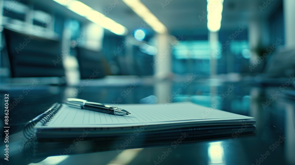 Notebook and Pen on a Glass Table in an Office Setting Notebook and Pen on a Glass Table in an Office Setting