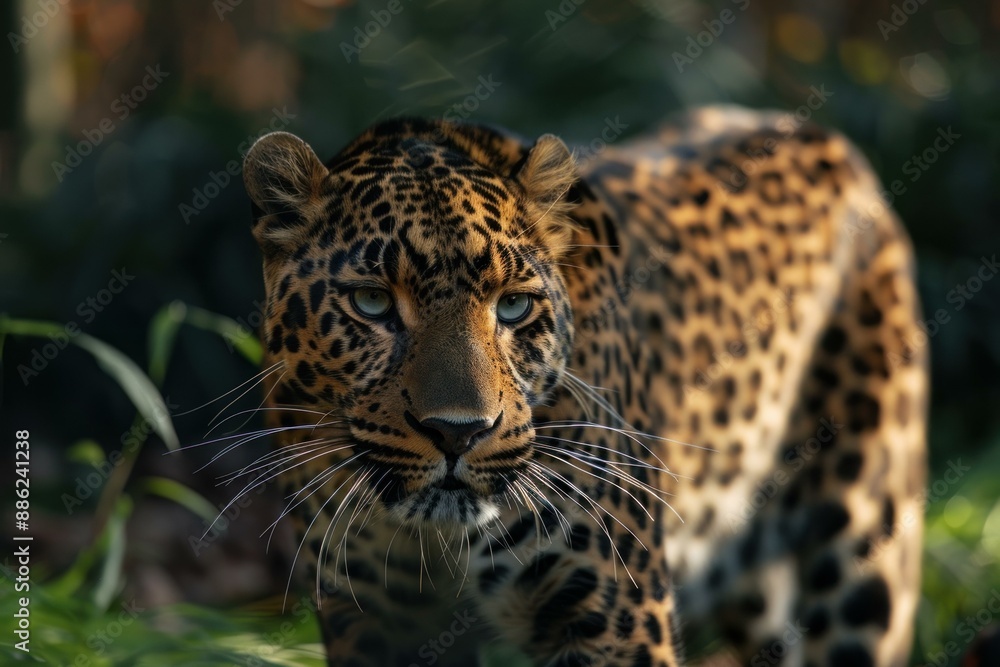 Intense portrait of a leopard walking through the jungle Intense portrait of a leopard walking through the jungle