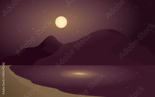 Purple night on mountain and beach
