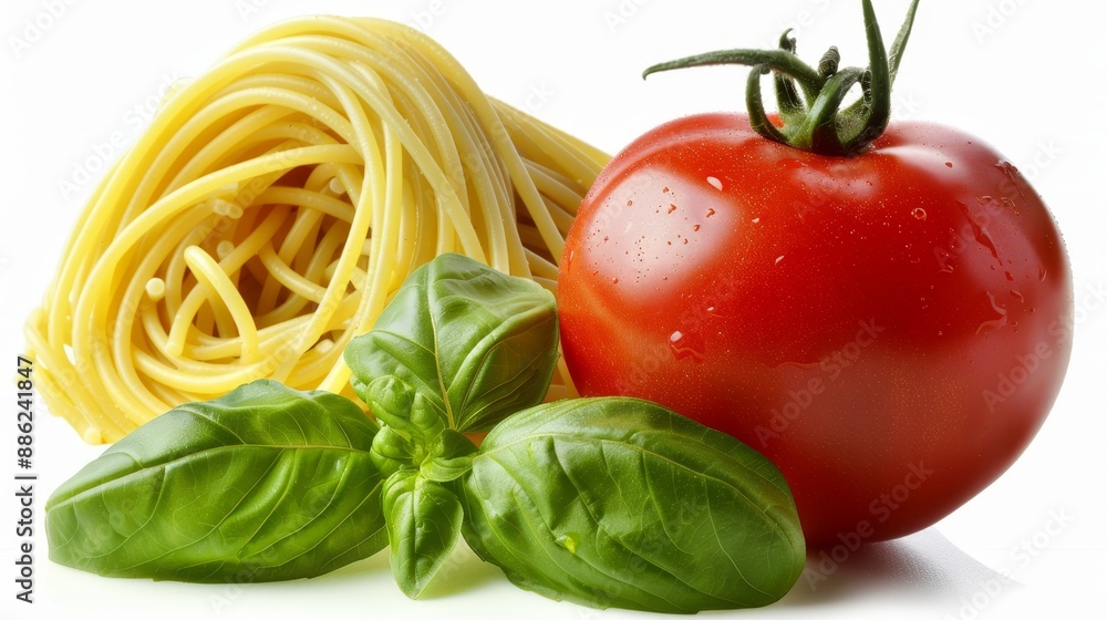 Single portion of spaghetti with fresh tomato and basil, isolated on white background Single portion of spaghetti with fresh tomato and basil, isolated on white background