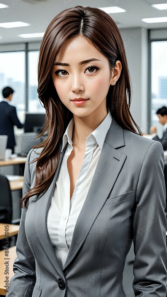 Confident businesswoman in a grey suit standing in an office. Confident businesswoman in a grey suit standing in an office.