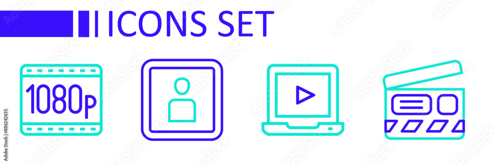 Set line Movie clapper, Online play video, Play Video and Full HD 1080p icon. Vector Set line Movie clapper, Online play video, Play Video and Full HD 1080p icon. Vector