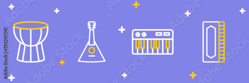Set line Harmonica, Music synthesizer, Balalaika and African darbuka drum icon. Vector