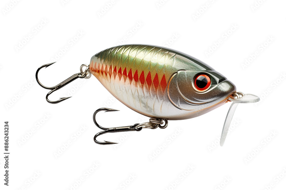 A Metallic Green and Red Fishing Lure With Sharp Triple Hooks on a White or Clear Surface PNG Transparent Background. A Metallic Green and Red Fishing Lure With Sharp Triple Hooks on a White or Clear Surface PNG Transparent Background.