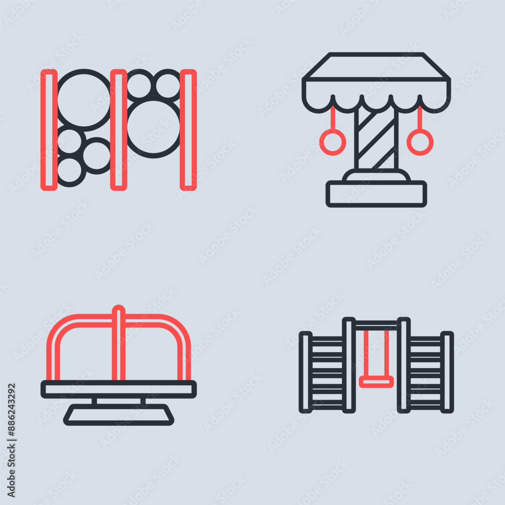 Fototapeta premium Set line Attraction carousel, Swedish wall and Playground climbing equipment icon. Vector