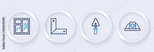 Set line Worker safety helmet, Trowel, Corner ruler and Window in room icon. Vector