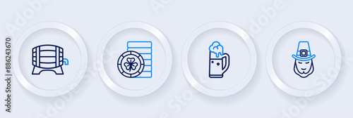 Set line Leprechaun, Glass of beer, Golden leprechaun coin and Wooden barrel on rack icon. Vector