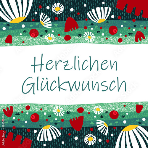 Herzlichen Glückwunsch - Schriftzug mit deutschem Text. Floraler Hintergrund Banner mit hübschen Blumen, abstraktes Design als Blumenwiese Vektor Illustration