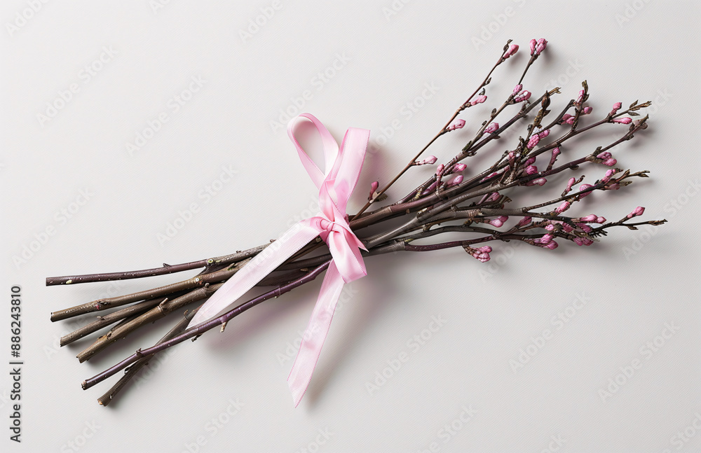 A bunch of willow branches with pink ribbon on white background. A bunch of willow branches with pink ribbon on white background.