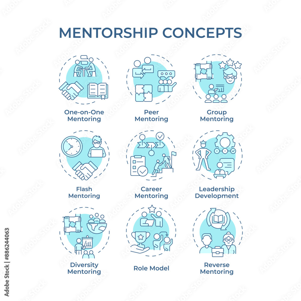 Mentorship soft blue concept icons. Patronage and guidance. Role model. Supporting career growth. Professional development. Icon pack. Vector images. Round shape illustrations. Abstract idea Mentorship soft blue concept icons. Patronage and guidance. Role model. Supporting career growth. Professional development. Icon pack. Vector images. Round shape illustrations. Abstract idea
