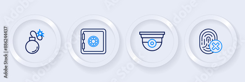 Set line Cancelled fingerprint, Security camera, Safe and Bomb icon. Vector