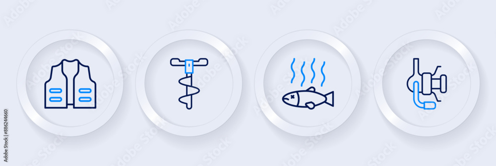 Set line Spinning reel for fishing, Dead, Hand ice drill and Fishing jacket icon. Vector Set line Spinning reel for fishing, Dead, Hand ice drill and Fishing jacket icon. Vector