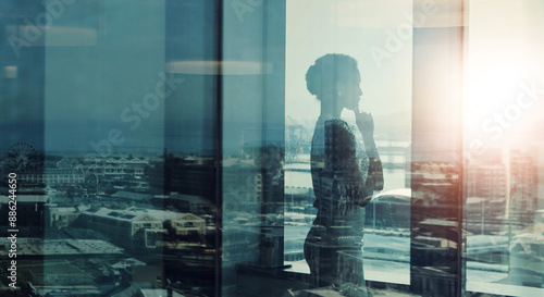Konstfotografi Thinking, office and woman at window in city with planning, inspiration and business development management