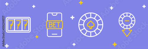 Set line Casino chips, Online sports betting and Slot machine with jackpot icon. Vector