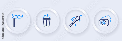 Set line Circus ticket, Magic wand, Popcorn in cardboard box and Paper mustache on stick icon. Vector