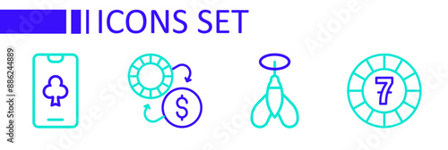 Set line Casino chips, Dart arrow, exchange and Online poker table game icon. Vector