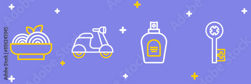 Set line Old key, Perfume, Scooter and Pasta spaghetti icon. Vector