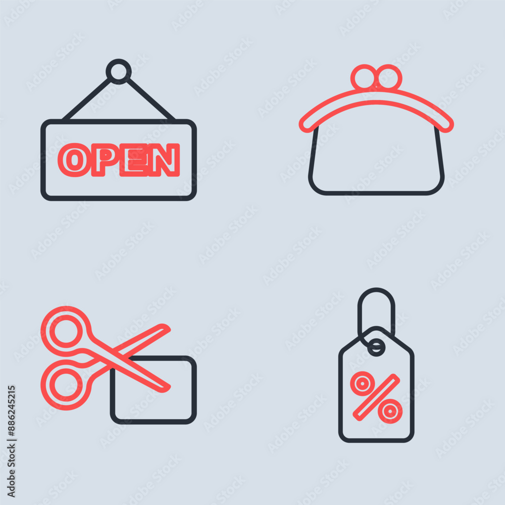Set line Wallet, Scissors cuts discount coupon, Discount percent tag and Hanging sign with text Open icon. Vector Set line Wallet, Scissors cuts discount coupon, Discount percent tag and Hanging sign with text Open icon. Vector