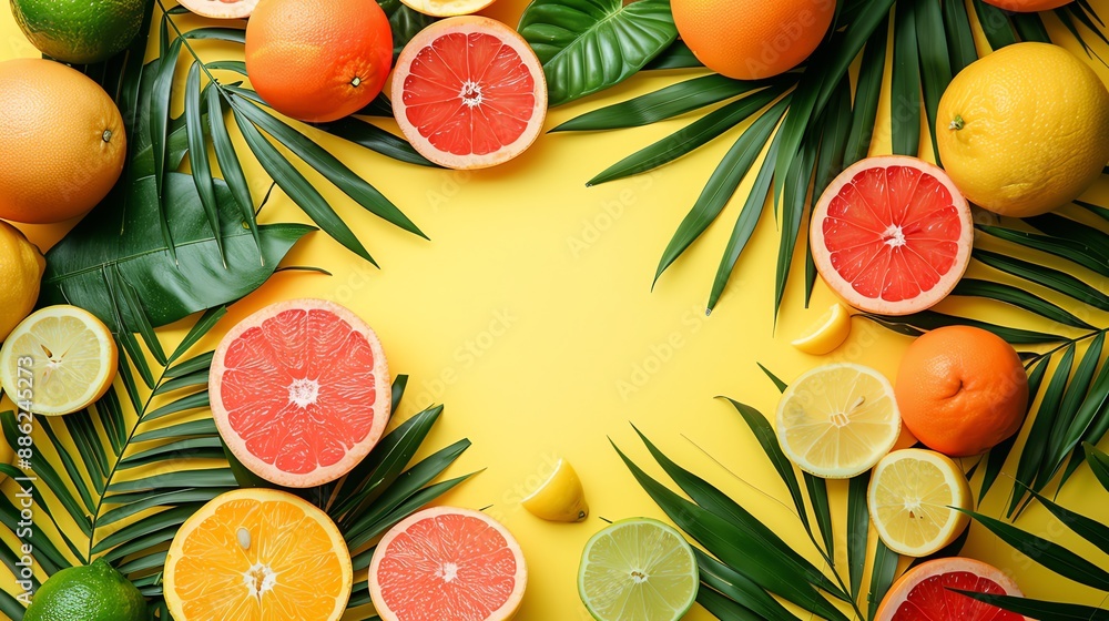 Fresh Citrus Fruits and Palm Leaves on Yellow Background. Fresh Citrus Fruits and Palm Leaves on Yellow Background.
