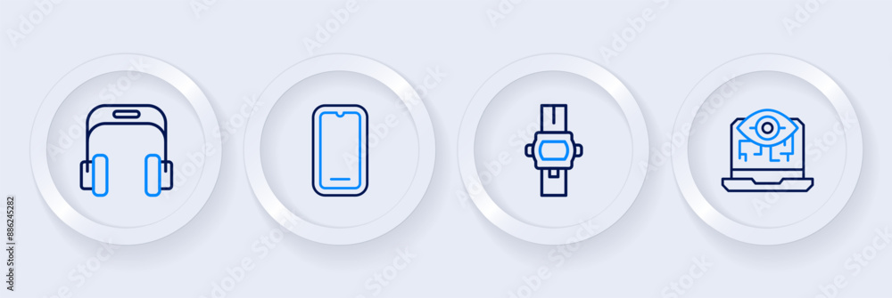 Set line Computer vision, Wrist watch, Mobile phone and Headphones icon. Vector Set line Computer vision, Wrist watch, Mobile phone and Headphones icon. Vector