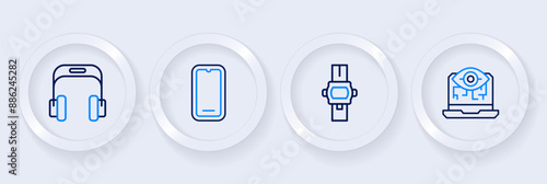 Set line Computer vision, Wrist watch, Mobile phone and Headphones icon. Vector