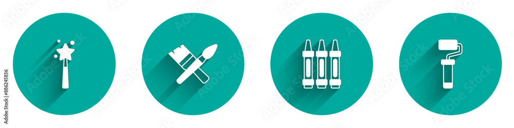 Set Magic wand, Paint brush, Wax crayons for drawing and roller icon with long shadow. Vector Set Magic wand, Paint brush, Wax crayons for drawing and roller icon with long shadow. Vector