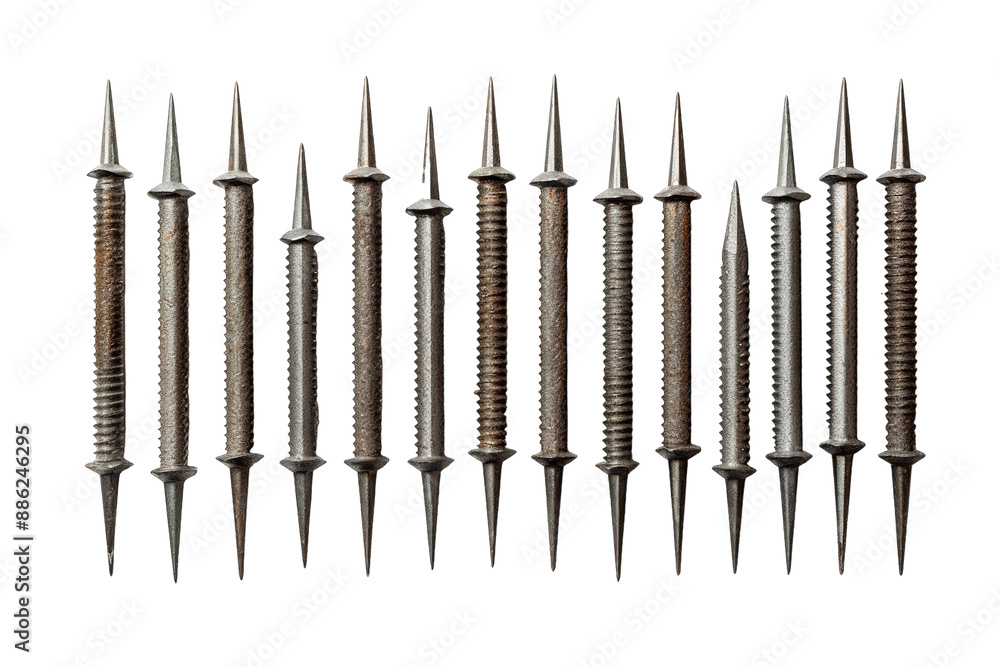 A Row of Rusty, Pointed Tools Against a White Background on a White or Clear Surface PNG Transparent Background. A Row of Rusty, Pointed Tools Against a White Background on a White or Clear Surface PNG Transparent Background.
