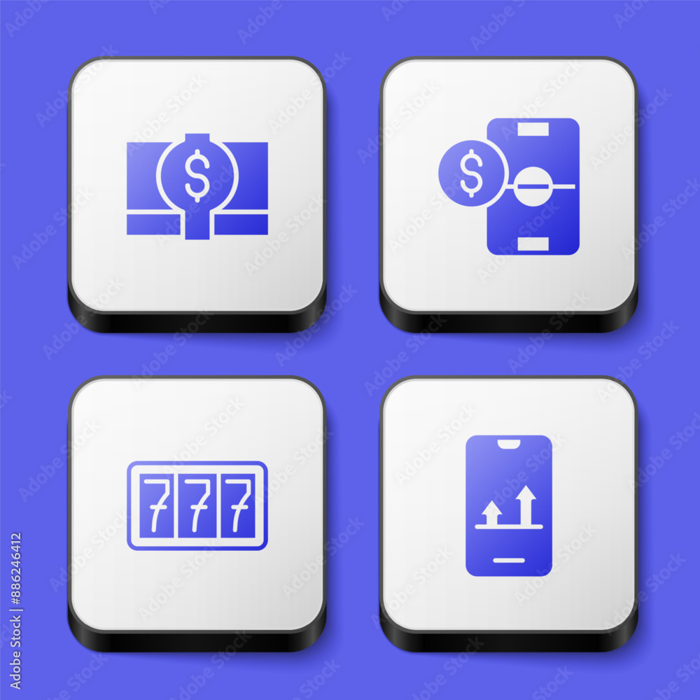 Set Stacks paper money cash, Football betting, Slot machine with jackpot and Online sports icon. White square button. Vector Set Stacks paper money cash, Football betting, Slot machine with jackpot and Online sports icon. White square button. Vector